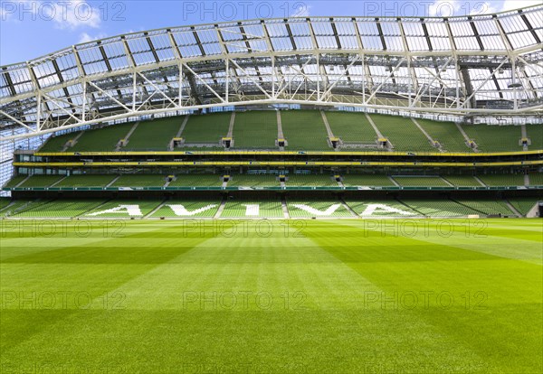 Ireland, County Dublin, Dublin City, Ballsbridge, Lansdowne Road, Aviva 50000 capacity all seater Football Stadium designed by Populus and Scott Tallon Walker. A concrete and steel structure with polycarbonate self cleaing glass exterior built at a cost of 41 million Euros. Home to the national Rugby and Soccer teams, aslo used as a concert venue.