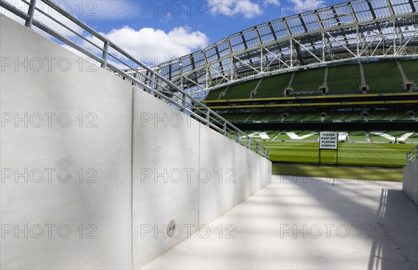 Ireland, County Dublin, Dublin City, Ballsbridge, Lansdowne Road, The players tunnel at the Aviva 50000 capacity all seater Football Stadium designed by Populus and Scott Tallon Walker. A concrete and steel structure with polycarbonate self cleaing glass exterior built at a cost of 41 million Euros. Home to the national Rugby and Soccer teams, aslo used as a concert venue.