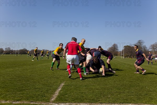 England, West Sussex, Shoreham-by-Sea, Rugby Teams playing on Victoria Park playing fields.