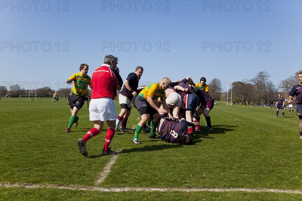 England, West Sussex, Shoreham-by-Sea, Rugby Teams playing on Victoria Park playing fields.