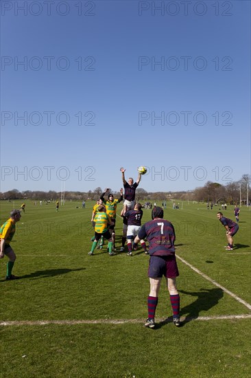 England, West Sussex, Shoreham-by-Sea, Rugby Teams playing on Victoria Park playing fields. Ball being thrown in from a line out.