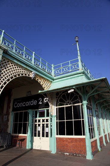 England, East Sussex, Brighton, Kemptown, Elevator between Marine Parade and the lower esplanade of AMdeira Drive. Lift exits into the Concorde 2 nightclub and music venue.