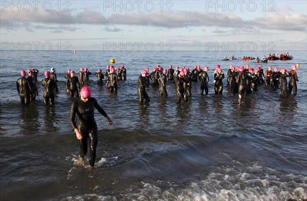 England, West Sussex, Goring-by-Sea, Worthing Triathlon 2009, women at the start of the swim section.