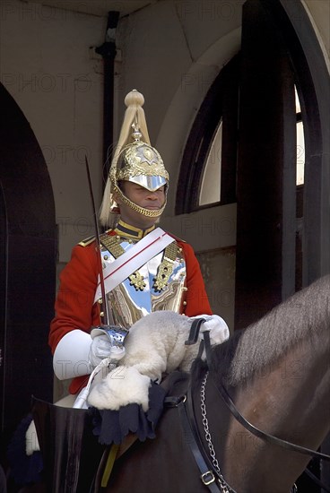 England, London, The Mall, Horse Guards Parade, guardsman on horse in full uniform.