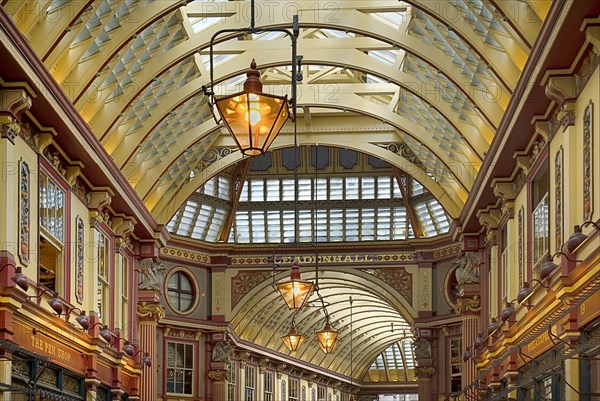 England, London, The City, Leadenhall Market interior detail of the vaulted ceiling.
