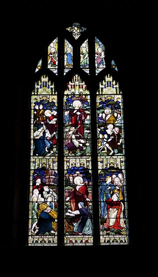 England, West Sussex, East Grinstead, Details of the stained glass windows in Church of St Swithun.