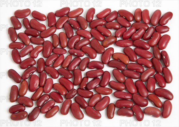 Food, Uncooked, Beans, Red kidney beans scattered on a white surface.