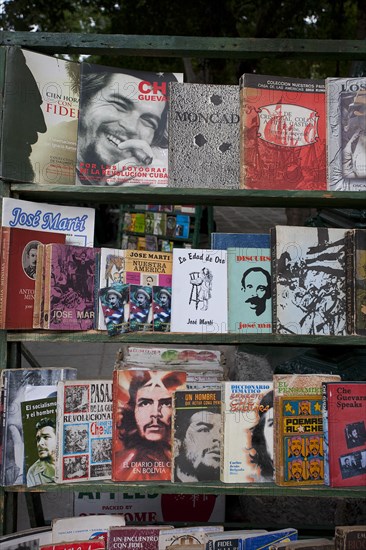 Cuba, Havana, Old, Havana, Plaza de Armas market, second hand books stall with Che Guevara books.