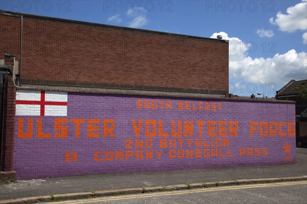 Ireland, Northern, Belfast, South, Donegall Pass, Loyalist Ulster Volunteer Force second Battalion A Company mural on building.