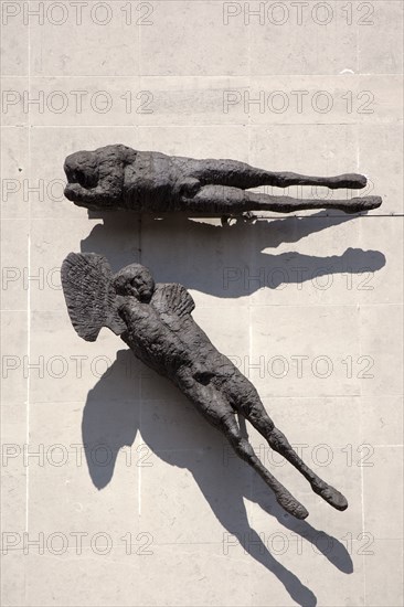 Ireland, North, Belfast, Shaftesbury Square, Artwork on the facade of the Ulster Bank Building.