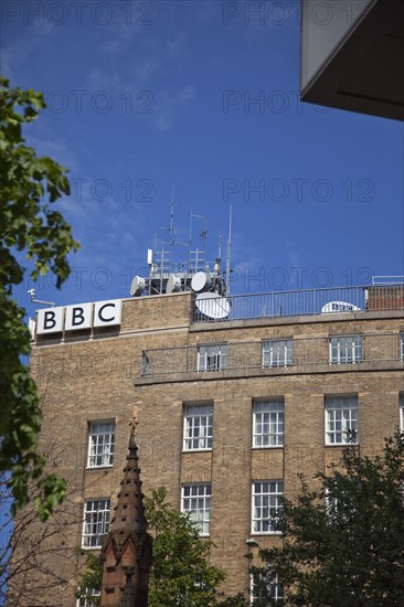 Ireland, North, Belfast, Ormeau Avenue, Exterior of the BBC television and radio with satelite dishes on the roof.
