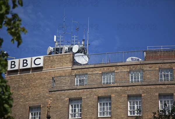 Ireland, North, Belfast, Ormeau Avenue, Exterior of the BBC television and radio with satelite dishes on the roof.