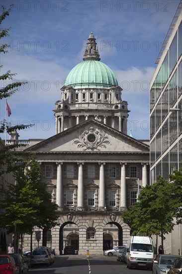 Ireland, North, Belfast, Bedford Street, View toward the back entrance to the City Hall.