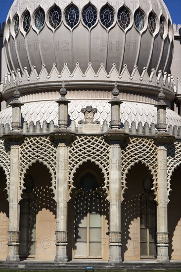 England, East Sussex, Brighton, The Royal Pavilion, 19th century retreat for the then Prince Regent, Designed by John Nash in a Indo Sarascenic style.