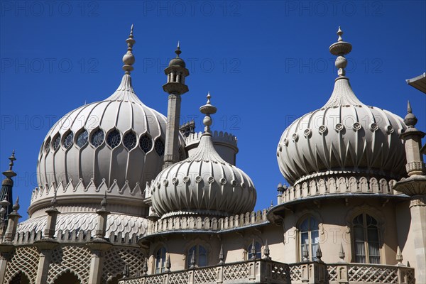 England, East Sussex, Brighton, The Royal Pavilion, 19th century retreat for the then Prince Regent, Designed by John Nash in a Indo Sarascenic style.