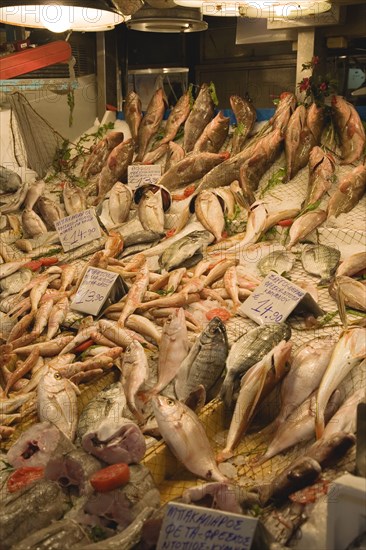 Athens, Attica, Greece. Fresh fish stall in the central market. Atenas Athenes Destination Destinations Ellada European Greek Southern Europe