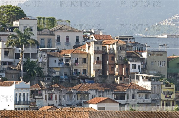 Rio de Janeiro, Brazil. Saude downmarket neighbourhood. Traditional clay tile roofs and washing hung out of windows palm trees and favela or slum on the hillside. Brazil Brasil Brazilian Brasilian South America Latin Latino American City Urban Architecture Houses Housing Homes Saude Slum Favela Classic Classical Clean Cleaning Destination Destinations Historical Latin America Laundry Older Shanty South America Southern