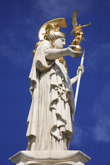 Vienna, Austria. Statue of Athena in front of Parliament. Austria Austrian Vienna Wien Viennese Republic Austro-Bavarian Wean Europe European City Capital Travel Destination Art Greek Athena Figure Female Woman Columns Columns Exterior Facade Parliament Architecture Buildin Blue Color Destination Destinations Female Women Girl Lady History Historic Osterreich Parliment Viena Western Europe