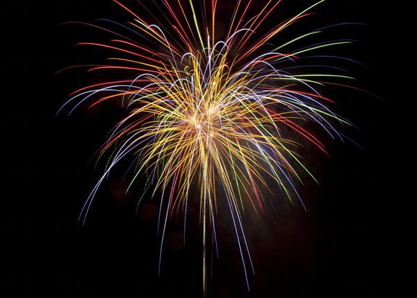 Colourful display of Pyrotechnics Shoreham Beach West Sussex England. England English UK United Kingdom GB Great Britain British Europe European Festival Festivals Guy Fawkes November Firework Display Fireworks Pyrotechnic Pyrotechnics Pyrotechnical Color Colour Coloured Colored Colourful Colorful Pattern Sky Black Orange Yellow Green Purple Red Blue