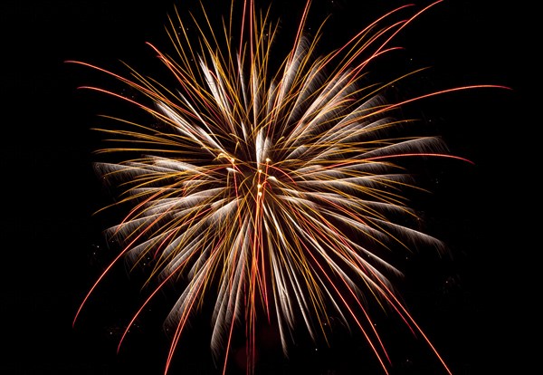 Colourful display of Pyrotechnics Shoreham Beach West Sussex England. England English UK United Kingdom GB Great Britain British Europe European Festival Festivals Guy Fawkes November Firework Display Fireworks Pyrotechnic Pyrotechnics Pyrotechnical Color Colour Coloured Colored Colourful Colorful Pattern Sky Black White Orange Red