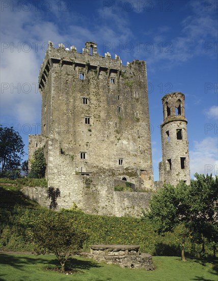 Blarney Castle, County Cork, Ireland. Castle keep and tower. Ireland Irish Eire Cork County Blarney Castle Keep Tower Ruin Ruins Stone Tourist Tourists Attraction Travel Holiday Vacation Blue Castillo Castello Clouds Cloud Sky Color Destination Destinations European Gray History Historic Holidaymakers Northern Europe Poblacht na hEireann Republic Sightseeing Tourism