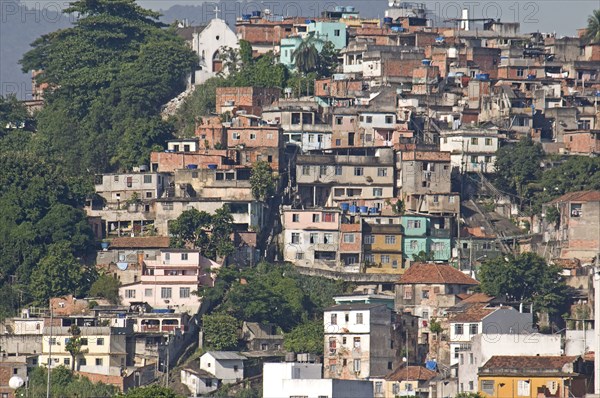 Rio de Janeiro, Brazil. Favela or slum housing above Saude neighbourhood some with traditional tile roofs very steep hill roads greenery and Church. Brasil Brazilian Brasilian South America Latin Latino American City Urban Architecture Houses Housing Homes Suade Neighborhood Neighbourhood Favela Favelas Slum Slums Church Rio de Janeiro Classic Classical Destination Destinations Historical Latin America Older Shanty South America Southern