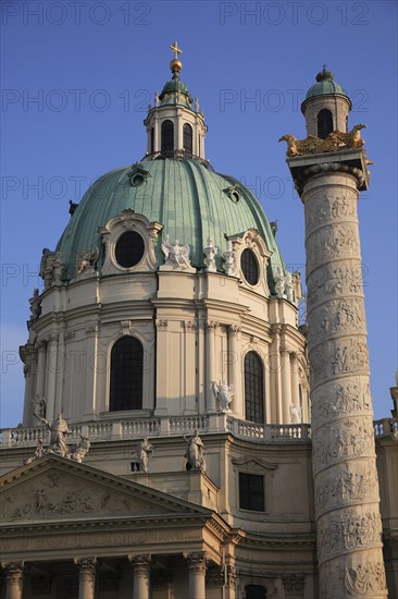 Vienna, Austria. Karlskirche or St Charles Church dome. Austria Austrian Vienna Wien Viennese Republic Austro-Bavarian Wean Europe European City Capital Travel Destination Saint St Charles Karlkirch Church Architecture Dome Exterior Religion Religious Christian Christianity Blue Sky Destination Destinations Osterreich Religion Religious Christianity Christians Viena Western Europe