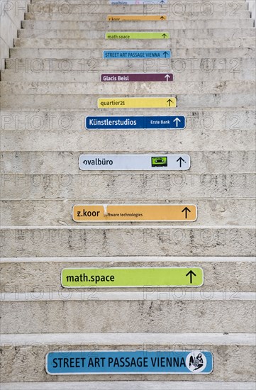 Vienna, Austria. Neubau District. Coloured signs giving directions on the steps of the Museum of Modern Art Museum Moderner Kunst Stiftung Ludwig Wien or MUMOK in the MuseumsQuartier or Museums Quarter. Austria Austrian Republic Vienna Viennese Wien Europe European City Capital Neubau Quarter Museums Mueseumsquartier Luwig Stiftung Kunst Moderner Museum Facade Exterior Architecture Mumok Colored Destination Destinations Osterreich Viena Western Europe