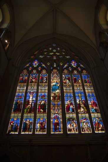 Chichester, West Sussex, England. Stained Glass Window in the Cathedral. England English UK United Kingdom GB Great Britain British West Sussex County Chichester Cathedral Stain Stained Glass Window Windows Religion Religious Christian Christianity Interior Inside Multi Color Colour Colors Colours Colored Coloured Art Arts Craft Crafts Architecture