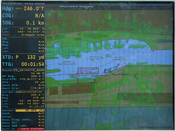 Royal navy radar display showing HMS Shoreham moored in Shoreham harbour. Military Naval Royal Navy Ship Mine Mines Sweeper Radar Radio Radiolocation Search Find Finder Scan Locate Display Position Positioning Echo Detect Map Mapping GPS Global Satelite Navigation Shipping Channel Channels Sweeping HMS Shoreha