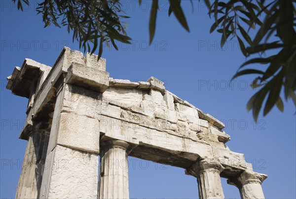 Athens, Attica, Greece. Part view of ruined colonnade in the Ancient Agora of Athens. Greece Greek Attica Athens Ancient Agora Europe European Vacation Holiday Holidays Travel Destination Tourism Ellas Hellenic Ruin Ruins Column Columns Atenas Athenes Blue Destination Destinations Ellada History Historic Southern Europe