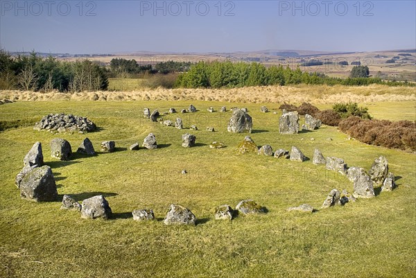Beaghmore, County Tyrone, Ireland. Stone Circles complex of early Bronze Age megalithic features stone circles and cairns. Ireland Irish Eire Erin Europe European North Northern County tyrone Beaghmore Stone Circle Circles Bronze Age Megalithic Cairns Cairn History Historical Ancient Ruins Tour Tourism Tourist Travel Blue Color Destination Destinations History Historic Northern Europe Poblacht na hEireann Republic Scenic Sightseeing Tourists Colour Holidaymakers