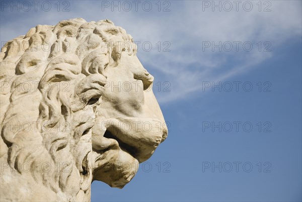 Venice, Veneto, Italy. Centro Storico Arsenale Head of guardian lion of free Venice statue against blue sky of late summer. Italy Italia Italian Venice Veneto Venezia Europe European City Lion Guardian Centro Storico Arsenale Blue Sky Clouds Cloud Sky Destination Destinations Southern Europe