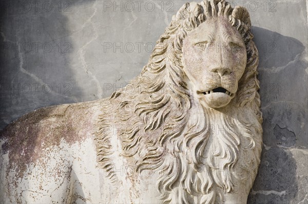 Venice, Veneto, Italy. Centro Storico Plaster sculpture of lion symbol of the Venetian Republic and St. Mark. Italy Italia Italian Venice Veneto Venezia Europe European City Centro Plaster Storico Sculpture Art Lion Architecture Destination Destinations Southern Europe