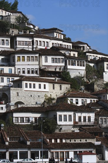 Berat, Albania. Houses built on hillside on the banks of the River Osum. Albanian Shqip‘ria Southern Europe Albania Albanian Republic Europe European Travel Destination Indo European Berat River Osum Banks Hillside Architecture Houses Housing Urban Water Home Blue Destination Destinations