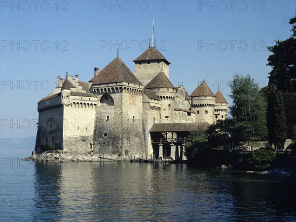 Chateau de Chillon, Switzerland. Chateau de Chillon on Lake Leman. Swizterland Swiss Lake Leman Chateaux Chillon Veytaux Castle Lake Water Blue Sky Tourism Travel Castillo Castello Destination Destinations European Schweiz Suisse Svizzera Western Europe Castle Castello Castle Castillo