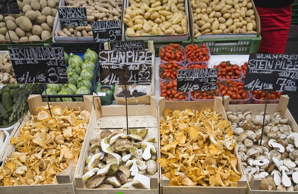 Vienna, Austria. The Naschmarkt. Fresh produce stall with display including potatoes mushrooms tomatoes and squash. Austria Austrian Republic Vienna Viennese Wien Europe European City Capital Naschmarkt Market Display Fresh Food Fruit Vegetables Veg Vegetable Stall Shop Store Destination Destinations Osterreich Viena Western Europe