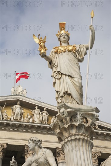 Vienna, Austria. Statue of Athena in front of Parliament building. Austria Austrian Vienna Wien Viennese Republic Austro-Bavarian Wean Europe European City Capital Travel Destination Art Greek Athena Figure Female Woman Columns Columns Exterior Facade Parliament Architecture Building Destination Destinations Female Women Girl Lady History Historic Osterreich Parliment Viena Western Europe