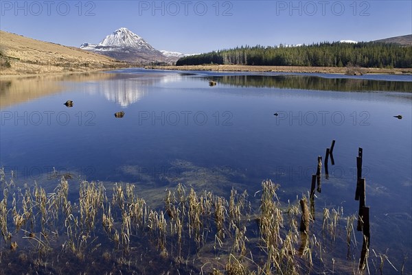 Gweedore, County Donegal, Ireland. Mount Errigal seen across lake. Ireland Irish Eire Erin Europe European Republic Donegal Gweedore Mount Errigal Mountain Tourism Landscape Scenic Mountains Old buildings Ruins Stonework Brown Blue Sky Lake Water Destination Destinations Northern Europe Poblacht na hEireann