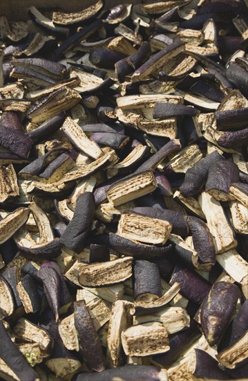 Selcuk, Izmir Province, Turkey. Ephesus. Sliced aubergine laid out to dry in late afternoon summer sun. Turkey Turkish Eurasia Eurasian Europe Asia Turkiye Izmir Province Selcuk Sliced Aubergine Eggplant Egg Plant Purple Dry Drying Dried Destination Destinations European Middle East South Eastern Europe Western Asia