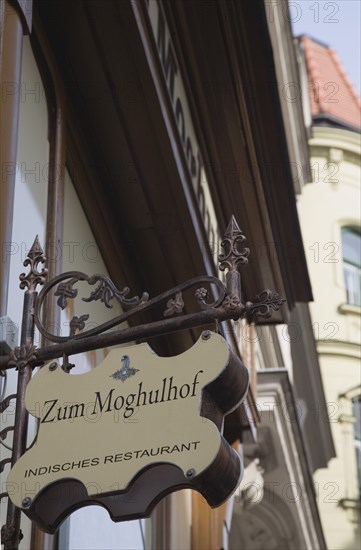 Vienna, Austria. Neubau District. Indian restaurant facade and hanging sign. Austria Austrian Republic Vienna Viennese Wien Europe European City Capital Architecture Building Exterior Facade Sign Indian Restaurant Destination Destinations Osterreich Signs Display Posted Signage Viena Western Europe