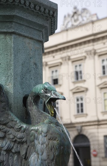 Vienna, Austria. Neubau District. Detail of bronze fountain with swan or goose with outstretched and water spouting from open beak. Austria Austrian Republic Vienna Viennese Wien Europe European City Capital Neubau District Bronze Fountain Water Spout Spouting Destination Destinations Osterreich Viena Western Europe