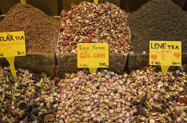 Istanbul, Turkey. Sultanahmet. Love Tea or Salep for sale on stall in the Spice Bazaar or Egyptian Bazaar one of the oldest bazaars in the city and the second largest covered shopping complex after the Grand Bazaar. Turkey Turkish Istanbul Constantinople Stamboul Stambul City Europe European Asia Asian East West Urban Destination Travel Tourism Sultanahmet Love Tea Salep Spice Bazaar Market Eygptian Shop Store Stall Display 1 Destination Destinations Middle East Shops Shoppers Mall Retail Buy Buying Market Markets Single unitary South Eastern Europe Turkiye Western Asia