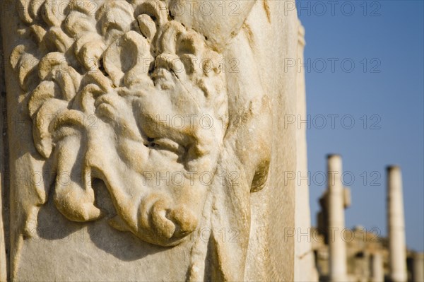 Selcuk, Izmir Province, Turkey. Ephesus. Detail of carving of the skin of the Nemean lion slain by Heracles or Hercules on the ruins of the Gate of Heracles. Asian Destination Destinations European History Historic Middle East South Eastern Europe Turkish Turkiye Western Asia