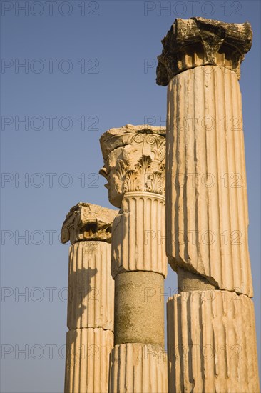 Selcuk, Izmir Province, Turkey. Ephesus. Ruined columns in antique city of Ephesus on the Aegean sea coast. Asian Destination Destinations European History Historic Middle East South Eastern Europe Turkish Turkiye Water Western Asia