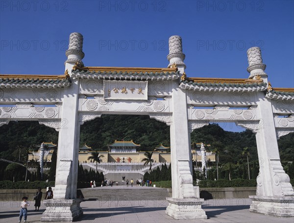 Taipei, Taiwan. National Palace Museum. Taiwan Taipei Taiwanese Asia Asian National Palace Museum Exterior Facade Gate Entrance History Historical Tourist Tourists Tourism Travel Blue Sky Destination Destinations History Historic Holidaymakers Sightseeing T ai-wan