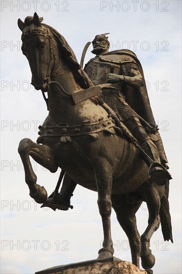 Tirana, Albania. Equestrian Statue of Skanderbeg the national hero. Albanian Shqip‘ria Southern Europe Albania Albanian Republic Europe European Travel Destination Indo European Tirana Tirane Architecture Statue Equestrian Figure Male Man Skanderberg Hero National Blue Clouds Cloud Sky Destination Destinations Male Men Guy