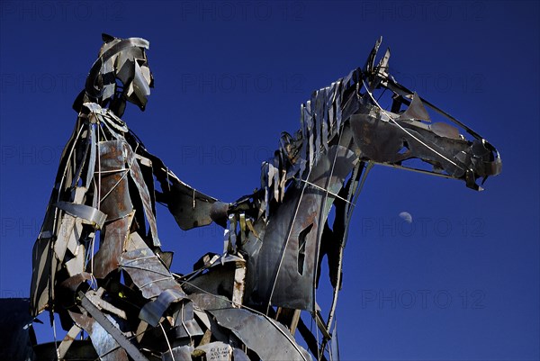 Boyle, County Roscommon, Ireland. The Chieftain sculpture. Ireland Irish Eire Erin Europe European County Roscommon Boyle Sculpture Art Arts Sculptured Metal Chieftan Horseback Blue Sky Color Destination Destinations Gray Northern Europe Poblacht na hEireann Republic Colour Grey