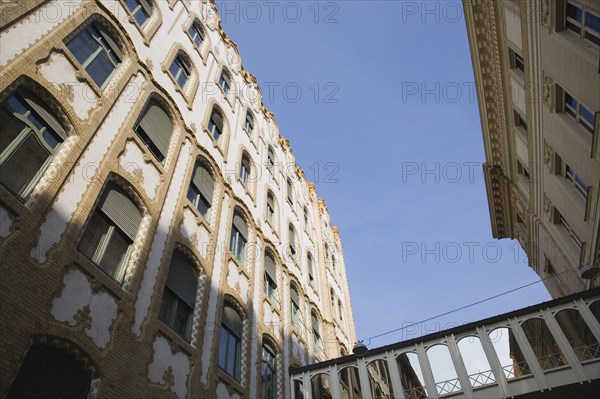 Budapest, Pest County, Hungary. Angled view of renovated apartment buildings exterior facade. Hungarian Europe European East Eastern Buda Pest Budapest City Architecture Building Apartment Block Blue Destination Destinations Eastern Europe Flat