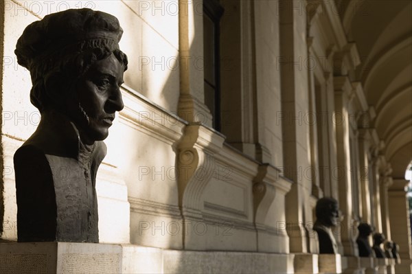 Budapest, Pest County, Hungary. Line of bronze busts of Hungarian notables. Hungary Hungarian Europe European East Eastern Buda Pest Budapest City Art Architecture Statue Statues Bust Busts Bronze Metal Head Destination Destinations Eastern Europe History Historic